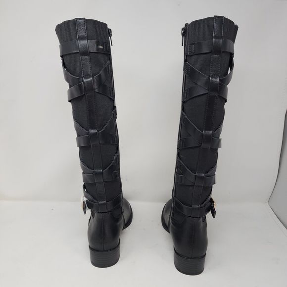 Thalia Sodi Riding Boots Womens 5 Black Veronika Faux Leather Zip Buckle Strap - Picture 6 of 10